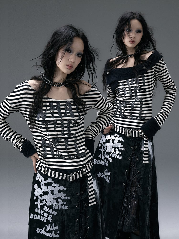 Red and White Stripes Letter Top with Detachable Plush Collar