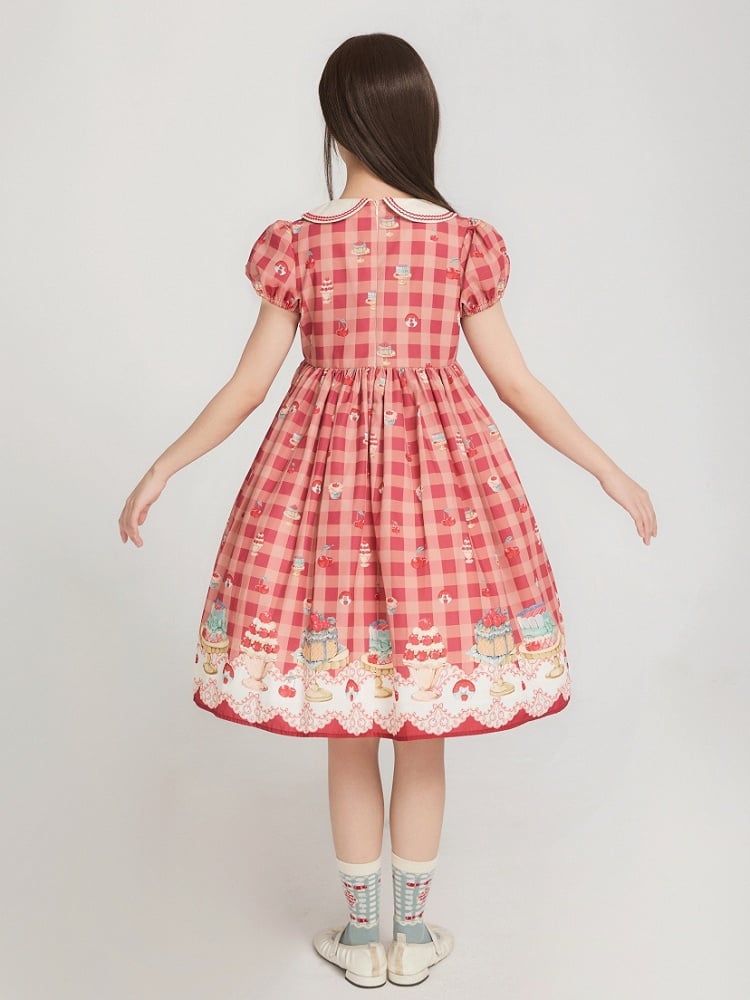 Rotes, hoch tailliertes Lolita-Kleid mit Kirsch- und Dessert-Gingham-Muster