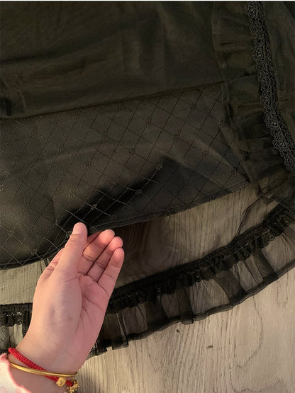 ジライケイ ブラック レースパッチ ショルダー メッシュオーバーレイ ロングスリーブ ドレス