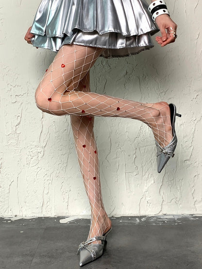 Heart Decorated Y2K Tights Rhinestone Details White/Black Fishnet