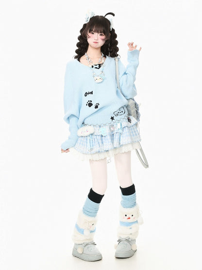 Faux Two Piece Blue Batwing Sleeve Kitten Embroidered Sweater - Languid Park
