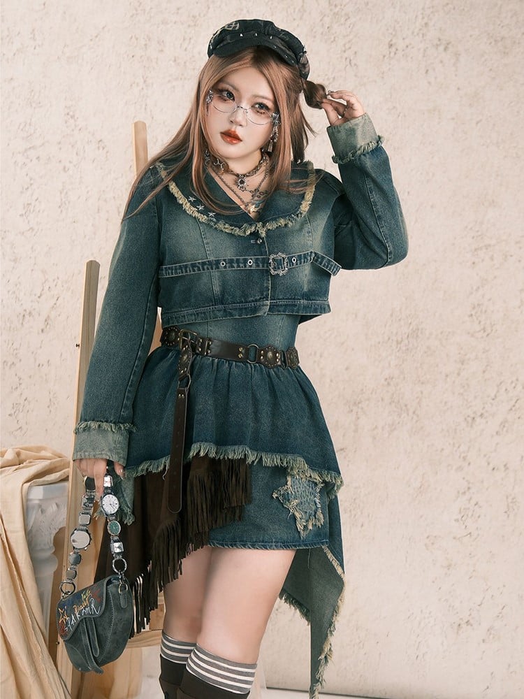 Size Jacket with Y2K Punk Hem Wasteland Plus Denim Gray-Blue Raw Crop
