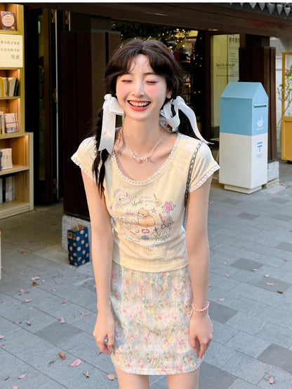 バージョンTシャツ ベージュ 愛らしいキツネプリント ロング/ショート