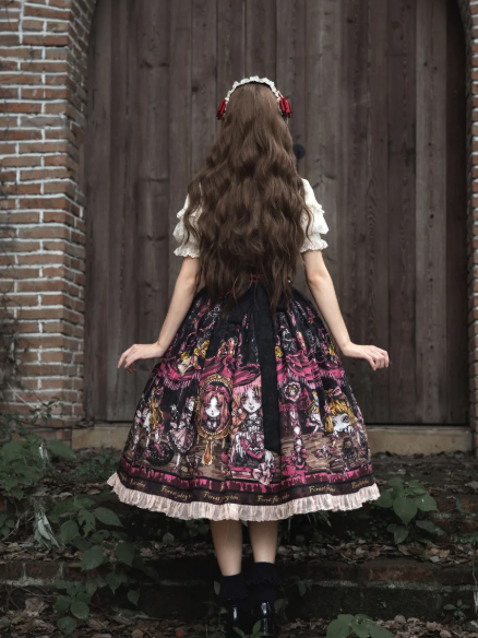 Pink Black Apple Embroidery Bow JSK Dress with Red Shoes Story - Forest Fairy Tales