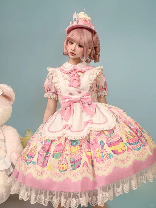 and White Collar Pan Pink Lolita Peter Bunny Cupcake Dress Print Maid