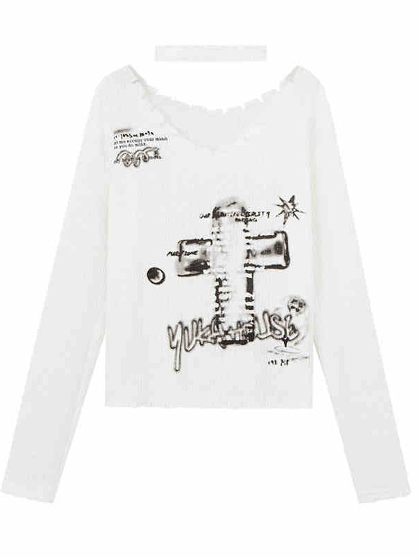 White Sweater Choker Cross V-neck Punk with