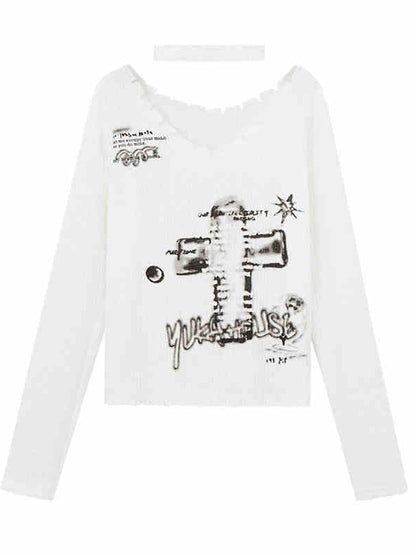 White Sweater Choker Cross V-neck Punk with