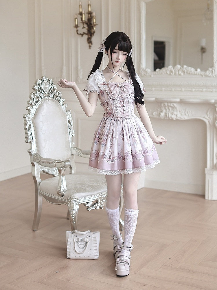 Ryousangata Floral Wall Print Pink Square Neck Short Sleeve Dress with Lace and Bow Details - Ekomi