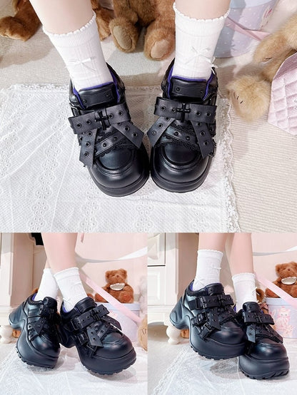 Kei - Black Lace Shoes PU Jirai Platform Trim