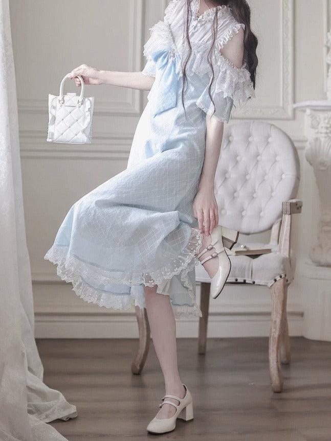 Blue Off-Shoulder Short Sleeve Chiffon Dress with Bow and Lace - Walnut JK