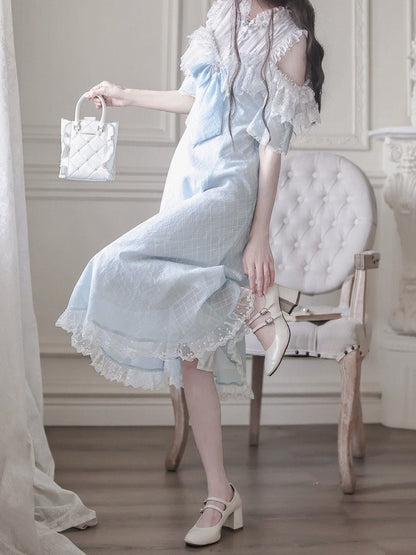 Blue Off-Shoulder Short Sleeve Chiffon Dress with Bow and Lace - Walnut JK