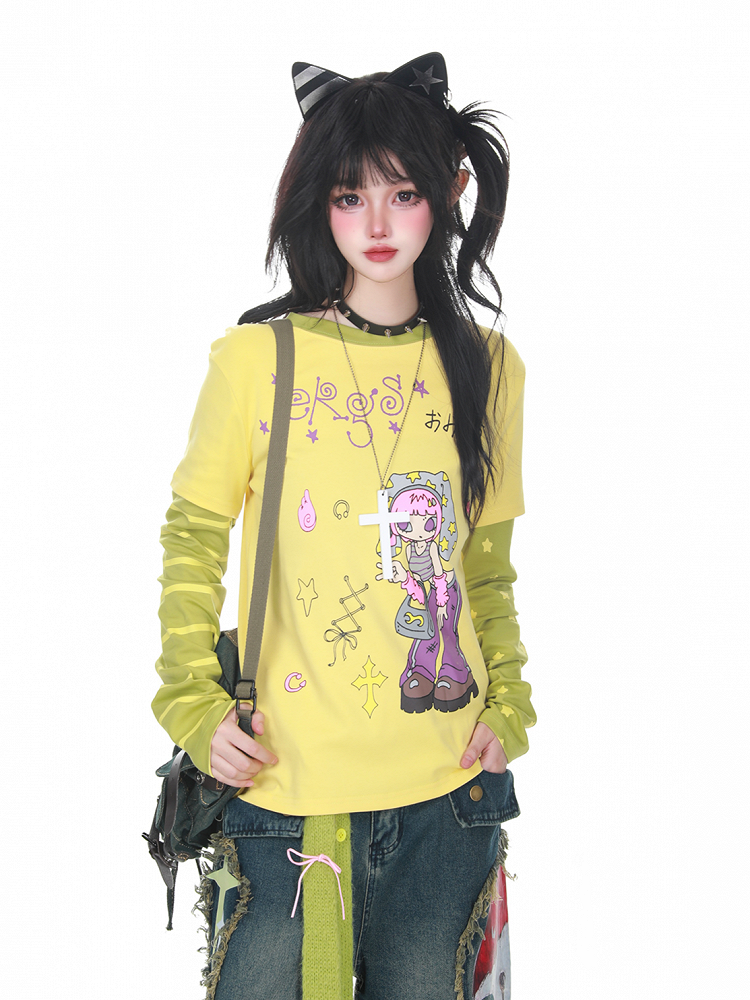 Two-Piece Print with Faux Cartoon Girl Striped Top BlackGray/YellowGreen Sleeves