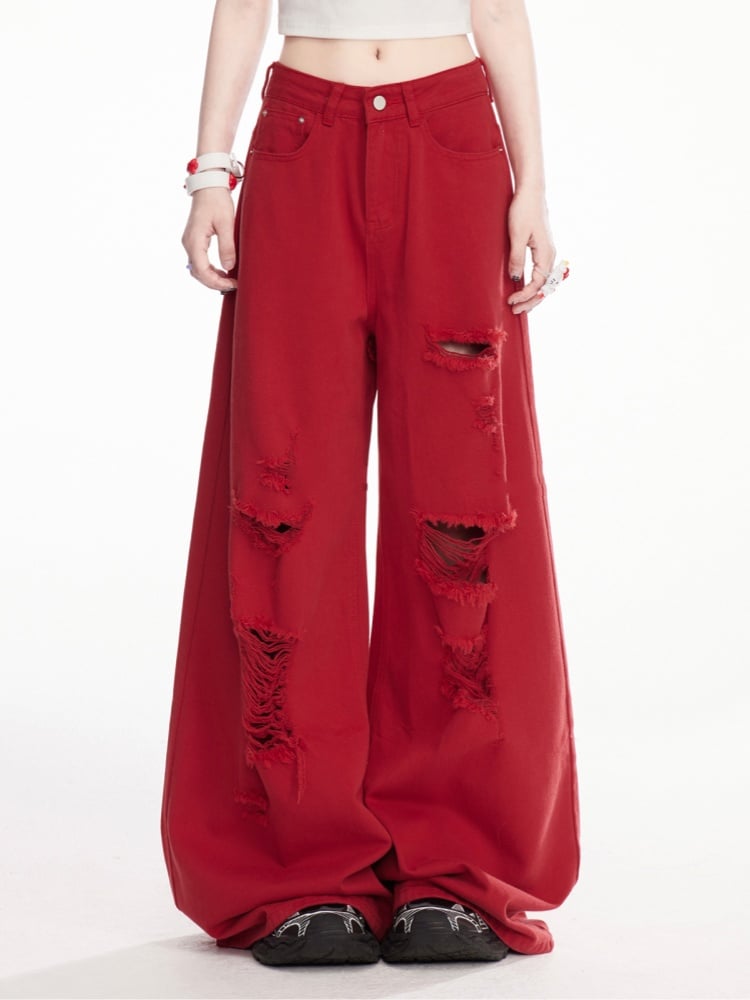 Wide-Leg Jeans Red Low Waist Distressed Holes