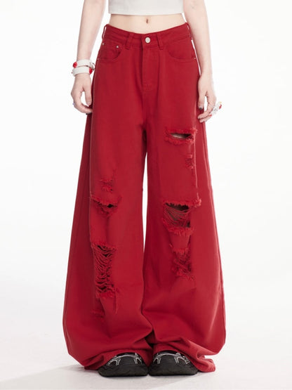 Wide-Leg Jeans Red Low Waist Distressed Holes
