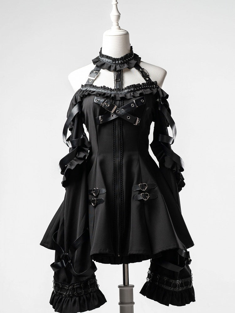 Black Halter Flare Long-Sleeve Dress with Leather Straps & Shorts Set - Bunny Rush