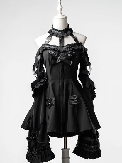 Black Halter Flare Long-Sleeve Dress with Leather Straps & Shorts Set - Bunny Rush