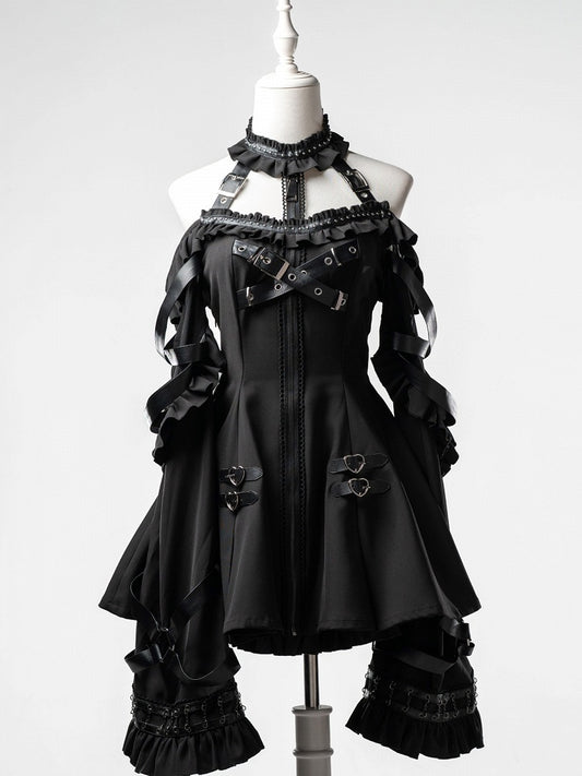 Black Halter Flare Long-Sleeve Dress with Leather Straps & Shorts Set - Bunny Rush
