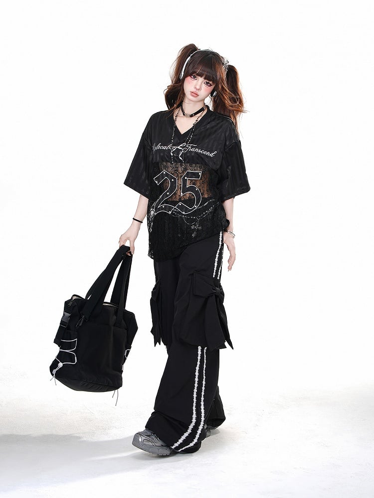 大きなリボンカーゴポケット付きブラックワイドレッグパンツ