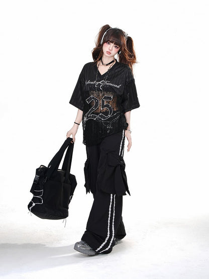 大きなリボンカーゴポケット付きブラックワイドレッグパンツ