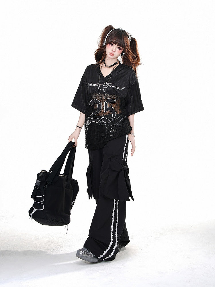 Cargohose mit großen Taschen, Schwarz, weites Bein, mit Schleife