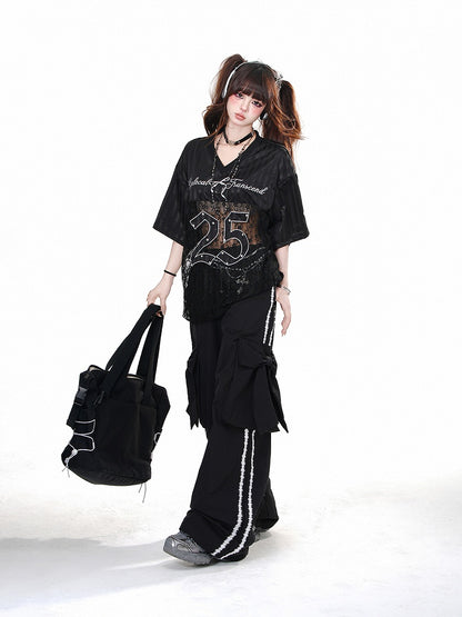 Cargohose mit großen Taschen, Schwarz, weites Bein, mit Schleife