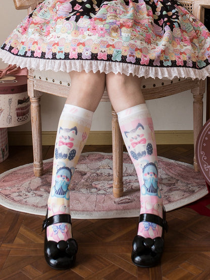 and Print Yellow Socks Pink Calf Bunny Kitty