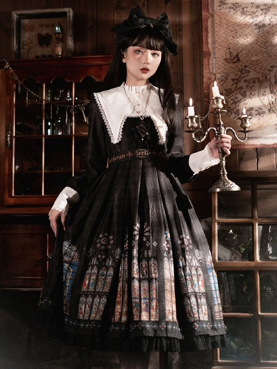 Long Version White Black with Sleeves Dress Lolita Church Gothic Collar Stained Detachable Window