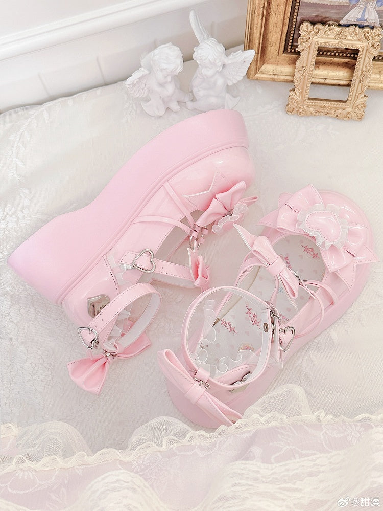 Pink - Lolita Sweet Details Janes Bow Platform Heart PU Mary Trim Lace with Accents