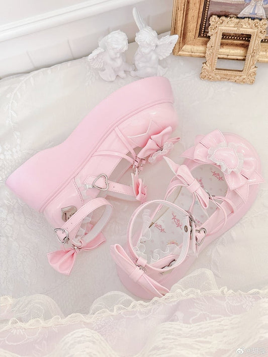 Bow Lace - Trim Heart Platform Details Janes Accents Sweet PU Pink Mary with Lolita