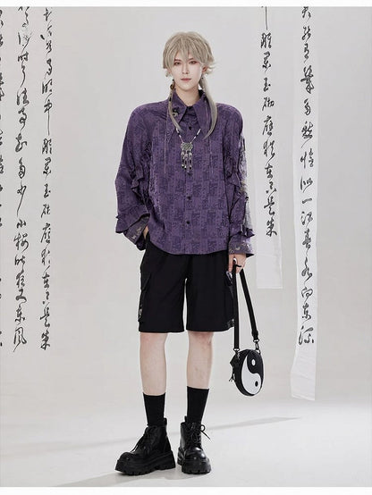 Style Chinese Side Embroidery with Shorts Pockets Black