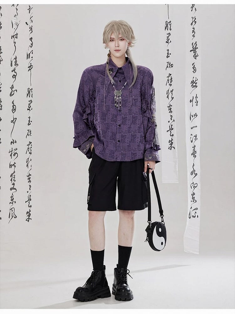Sleeves Style Unisex with Shirt Flounce and Embroidery Chinese Purple