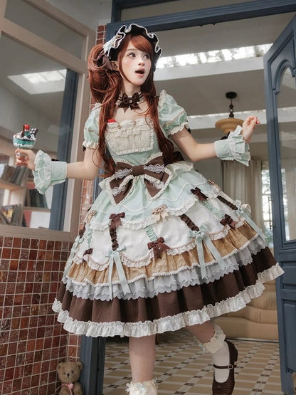 Neckline Bowknot Puff Dress Chocolate Sleeves Details Green Lolita Mint and Square Sweet