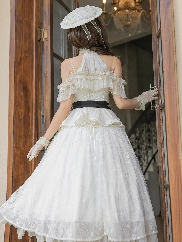 Beige Halter Neck Floral Embroidery Elegant Classic Lolita Dress with Bow - Unknown Star
