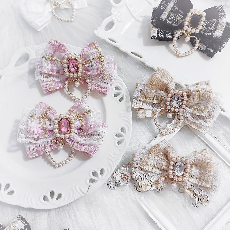 Schleife Haarspangen Strass Akzent Charm Plaid Herz Schwarz/Beige/Rosa/SchwarzWeiß