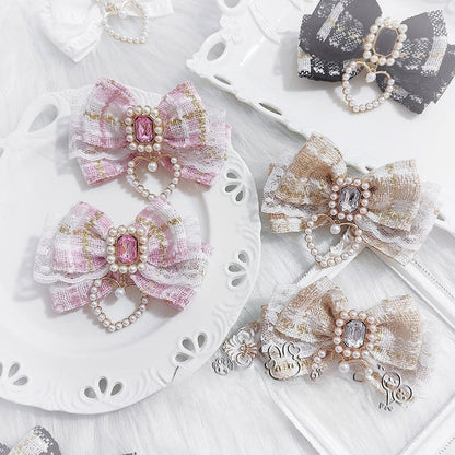 Schleife Haarspangen Strass Akzent Charm Plaid Herz Schwarz/Beige/Rosa/SchwarzWeiß