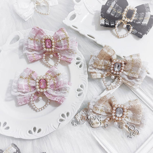 Bow Hairclips Rhinestone Accent Charm Plaid Heart Black/Beige/Pink/BlackWhite
