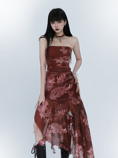 Red Dragon Print Asymmetrical Hem Slim-fitting Dress