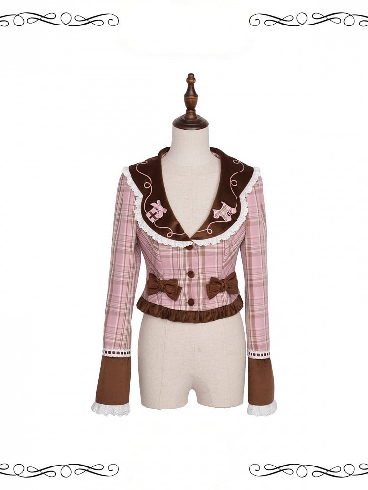 Plaid Pattern Jacket with Embroidery and Bowknot in Red or Pink - iris de nuit