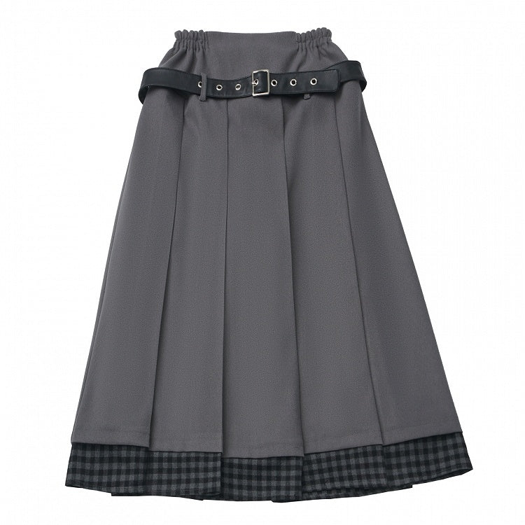 Hem Skirt Set - Belt Patchwork Waist Gray Prppy Elastic Plaid Pleated Style