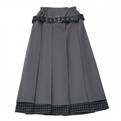 Hem Skirt Set - Belt Patchwork Waist Gray Prppy Elastic Plaid Pleated Style