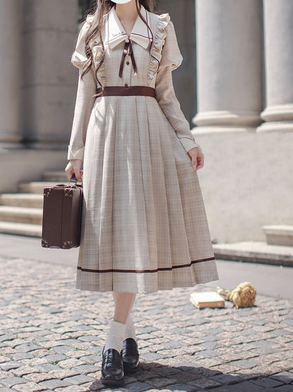 Plaid Pleated Juliette Sleeves Preppy Dress: Skirt with Coffee Light Style