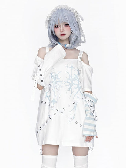 Blue wit Kei Decorations T-Shirt Printed Shoulder Cutout White Jirai Strap