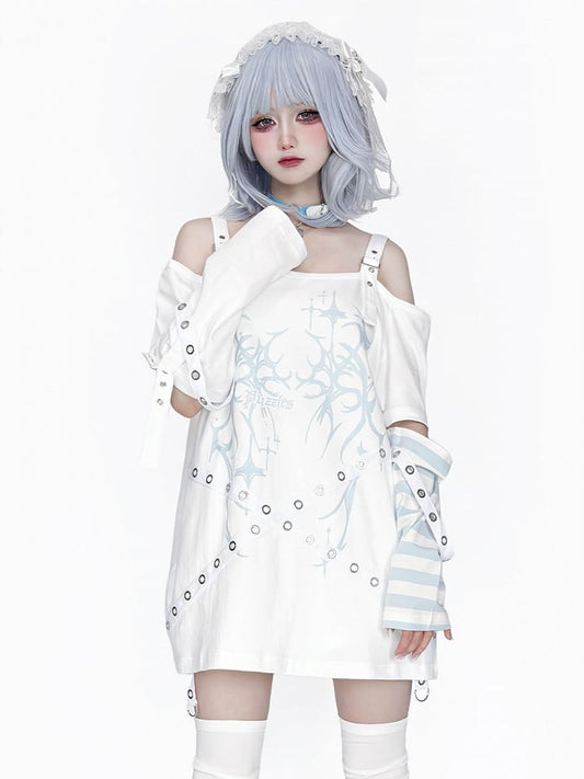 Blue wit Kei Decorations T-Shirt Printed Shoulder Cutout White Jirai Strap