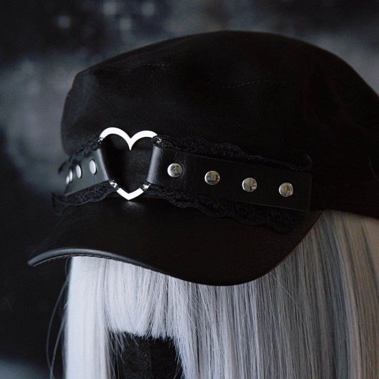 Heart Hat Gothic Lace Trim Details Black Beret Studs Ring
