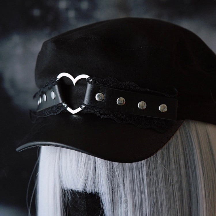 Ring Black Gothic Studs Lace Hat Beret Details Trim Heart
