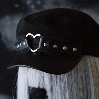 Ring Black Gothic Studs Lace Hat Beret Details Trim Heart