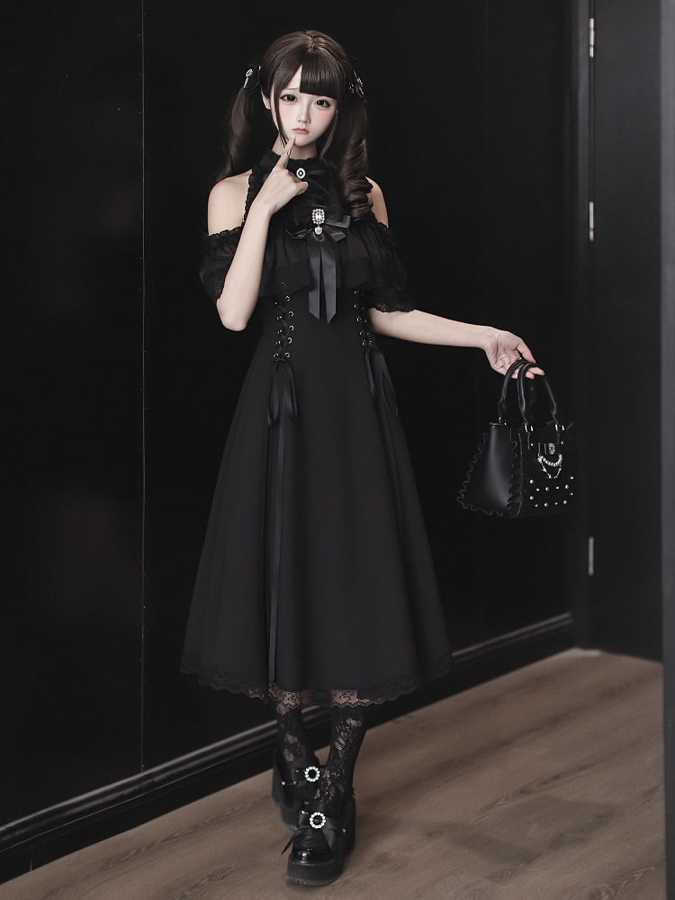 Black Seiso-Kei Cutout Shoulder Long Dress with Rhinestone Bow Tie - Ekomi