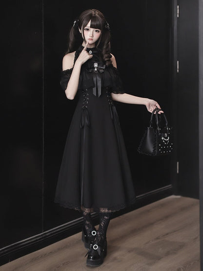Black Seiso-Kei Cutout Shoulder Long Dress with Rhinestone Bow Tie - Ekomi