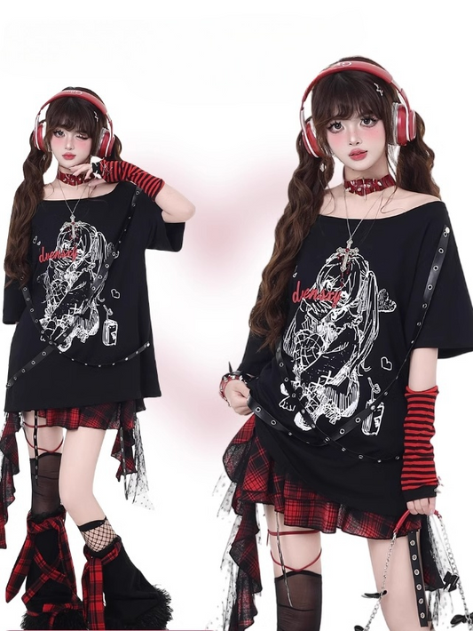 Bittersweet T-Shirt mit überkreuzten Trägern, Rock-Girl-Print, Schwarz