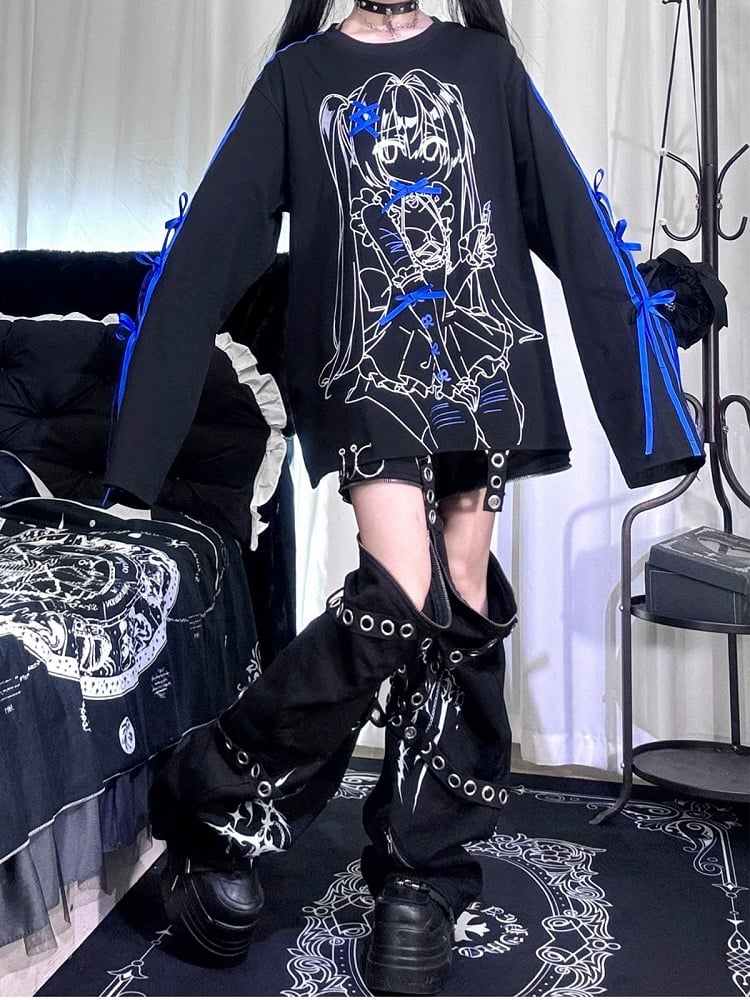 Loose Jirai-Kei Long-Sleeve Tee with Anime Girl Print & Bows in Black Blue - Puzzles